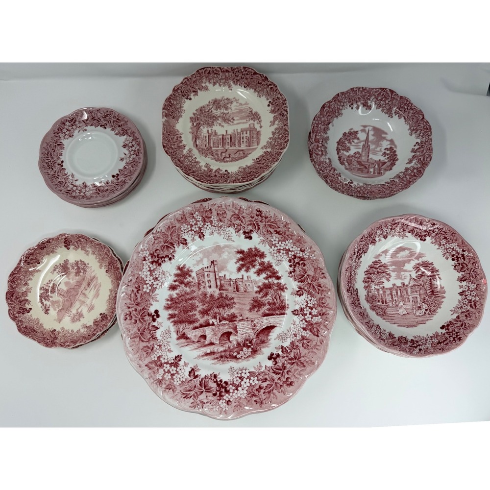 VTG J&G Meakin Romantic England Pink Transferware Dinnerware Set 31 Pcs Plates